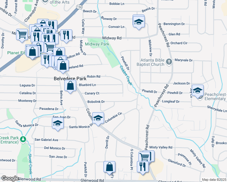 map of restaurants, bars, coffee shops, grocery stores, and more near 3224 Canary Court in Decatur