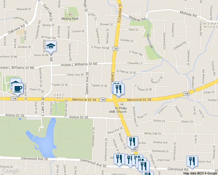 map of restaurants, bars, coffee shops, grocery stores, and more near 149 Candler Road Southeast in Atlanta