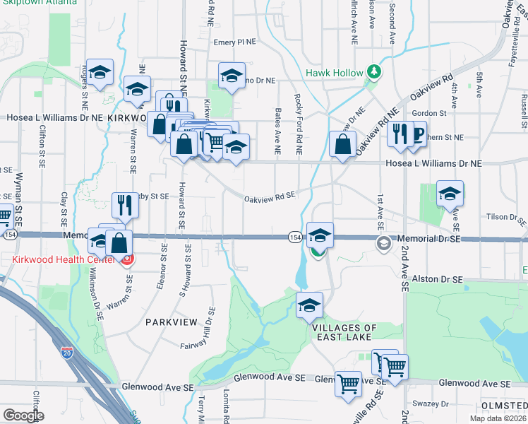 map of restaurants, bars, coffee shops, grocery stores, and more near 2125 Oakview Road Southeast in Atlanta