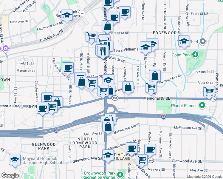 map of restaurants, bars, coffee shops, grocery stores, and more near 1196 Arkwright Place Southeast in Atlanta