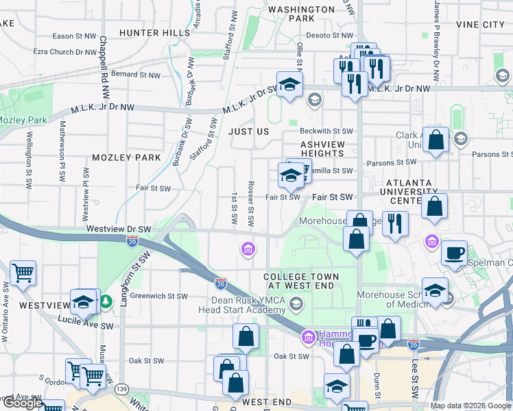 map of restaurants, bars, coffee shops, grocery stores, and more near 237b Rosser Street Southwest in Atlanta
