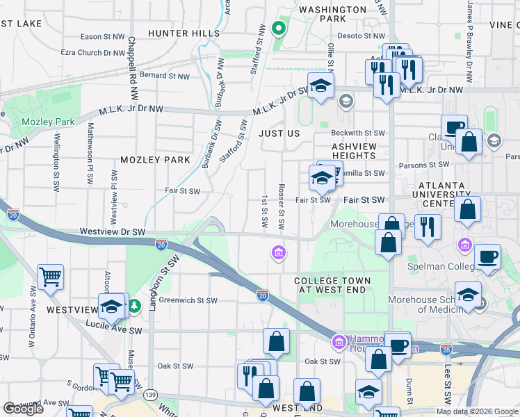 map of restaurants, bars, coffee shops, grocery stores, and more near 226 Holderness Street Southwest in Atlanta