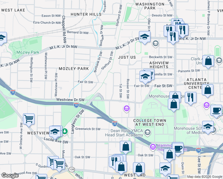 map of restaurants, bars, coffee shops, grocery stores, and more near 225 Holderness Street Southwest in Atlanta