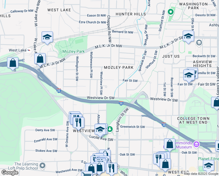 map of restaurants, bars, coffee shops, grocery stores, and more near 230 Westview Place Southwest in Atlanta