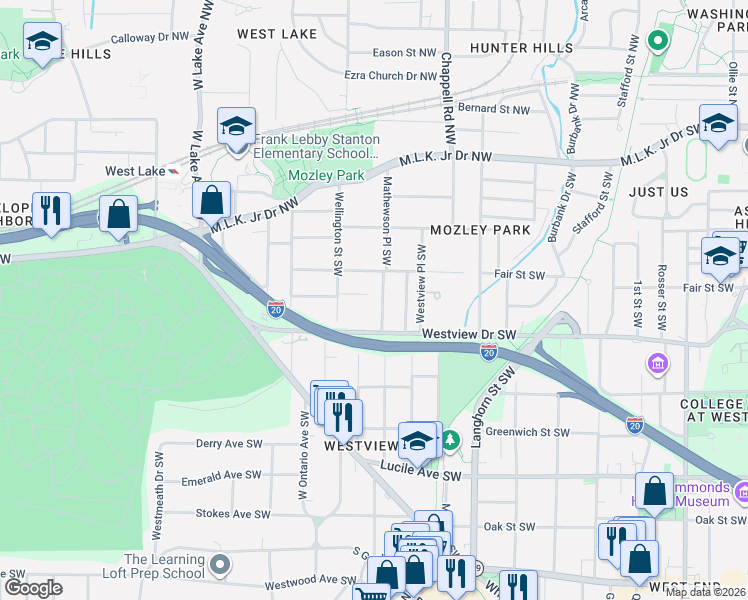 map of restaurants, bars, coffee shops, grocery stores, and more near 1539 Westview Drive Southwest in Atlanta