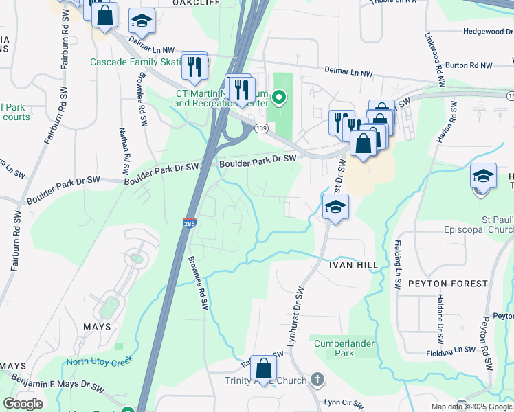 map of restaurants, bars, coffee shops, grocery stores, and more near 3230 Cushman Circle Southwest in Atlanta