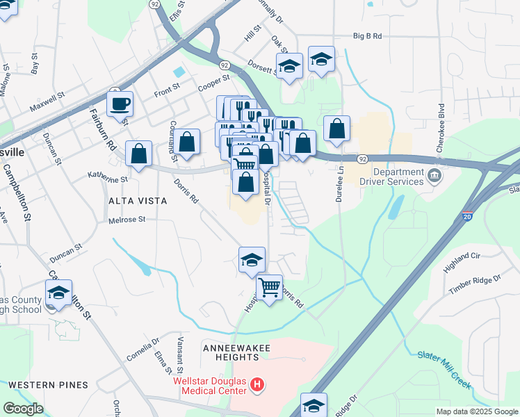 map of restaurants, bars, coffee shops, grocery stores, and more near 8513 Hospital Drive in Douglasville
