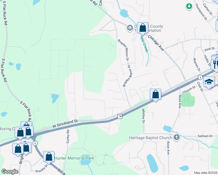 map of restaurants, bars, coffee shops, grocery stores, and more near 8423 Cyprus Ridge Way in Douglasville