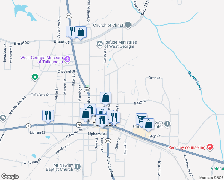 map of restaurants, bars, coffee shops, grocery stores, and more near 261 Alewine Avenue in Tallapoosa