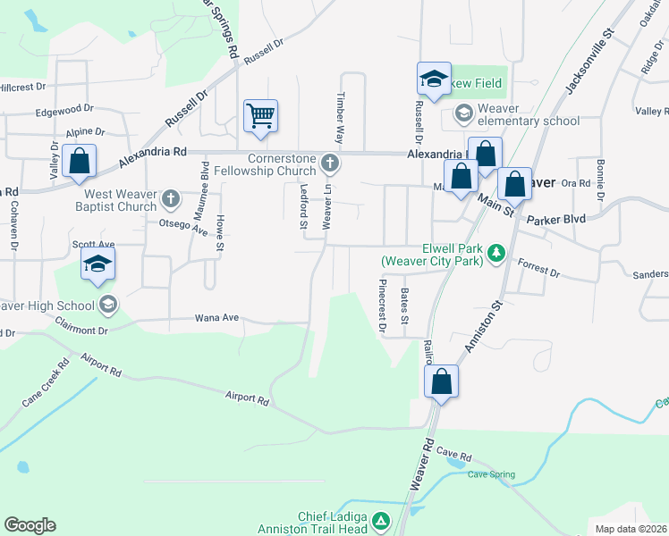 map of restaurants, bars, coffee shops, grocery stores, and more near 329 Weaver Lane in Weaver