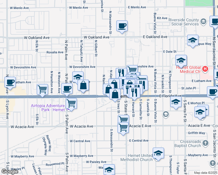 map of restaurants, bars, coffee shops, grocery stores, and more near 147 North Alessandro Street in Hemet
