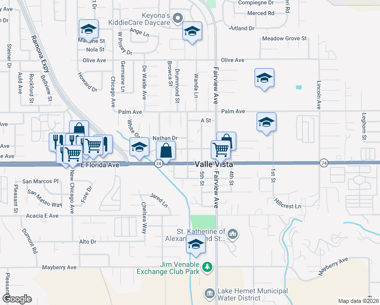 map of restaurants, bars, coffee shops, grocery stores, and more near 25708 6th Street in Hemet