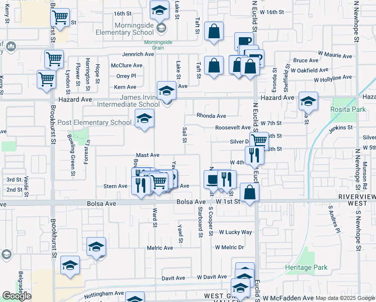 map of restaurants, bars, coffee shops, grocery stores, and more near 10651 Mast Avenue in Garden Grove