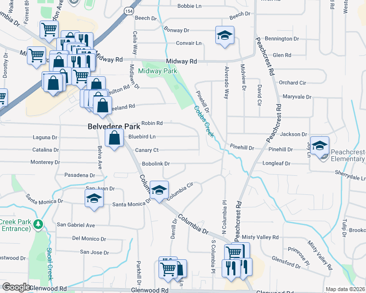 map of restaurants, bars, coffee shops, grocery stores, and more near 3224 Canary Court in Decatur