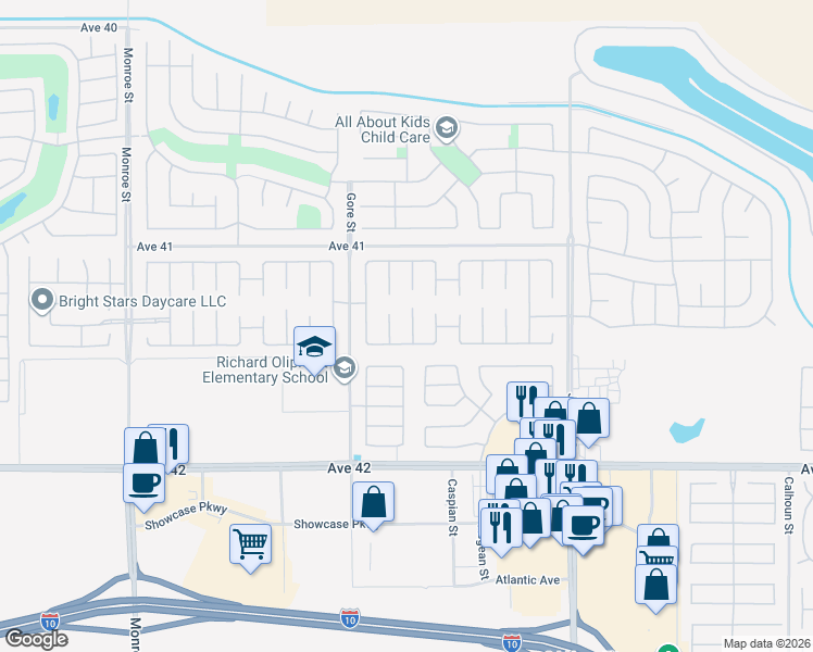 map of restaurants, bars, coffee shops, grocery stores, and more near 41371 Edwards Court in Indio