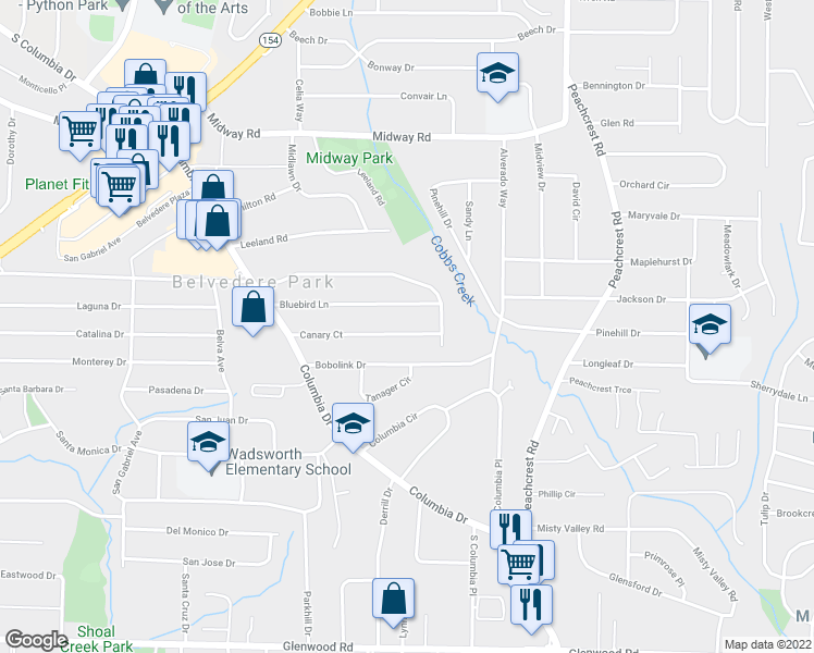 map of restaurants, bars, coffee shops, grocery stores, and more near 3224 Canary Court in Decatur