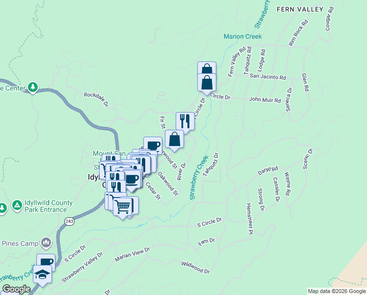 map of restaurants, bars, coffee shops, grocery stores, and more near 25740 Fir Street in Idyllwild-Pine Cove