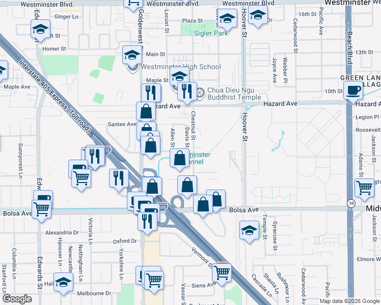 map of restaurants, bars, coffee shops, grocery stores, and more near 14712 Davis Street in Westminster