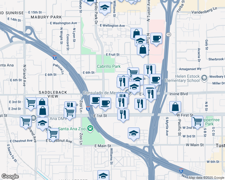 map of restaurants, bars, coffee shops, grocery stores, and more near in Santa Ana