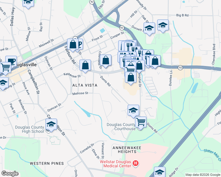 map of restaurants, bars, coffee shops, grocery stores, and more near 8503 Westchester Drive in Douglasville