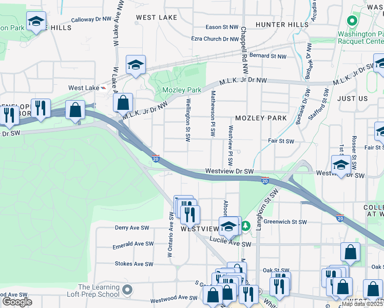 map of restaurants, bars, coffee shops, grocery stores, and more near 240 Wellington Street Southwest in Atlanta
