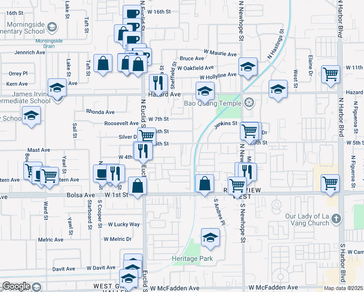 map of restaurants, bars, coffee shops, grocery stores, and more near 4906 West 5th Street in Santa Ana