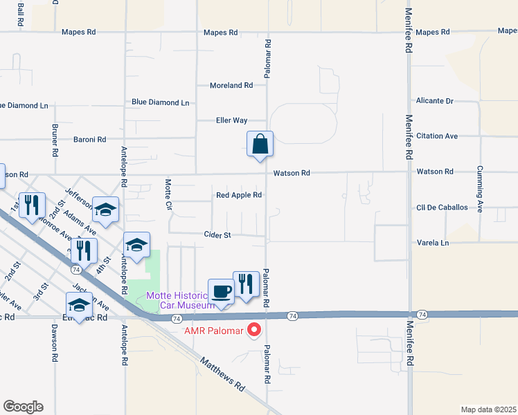 map of restaurants, bars, coffee shops, grocery stores, and more near 25584 Gala Circle in Menifee