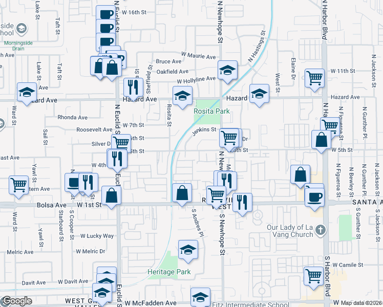 map of restaurants, bars, coffee shops, grocery stores, and more near 4706 West 5th Street in Santa Ana