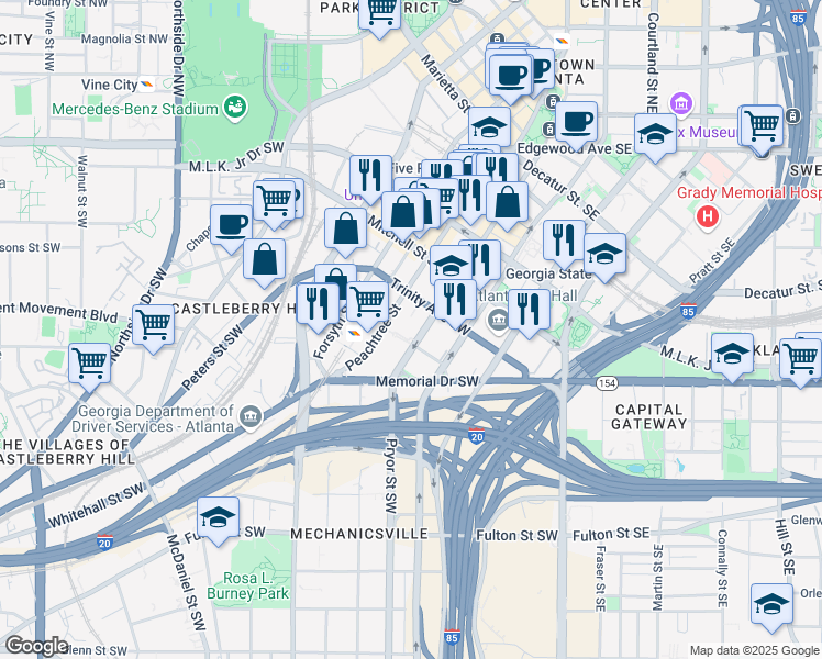 map of restaurants, bars, coffee shops, grocery stores, and more near 231 Pryor Street Southwest in Atlanta