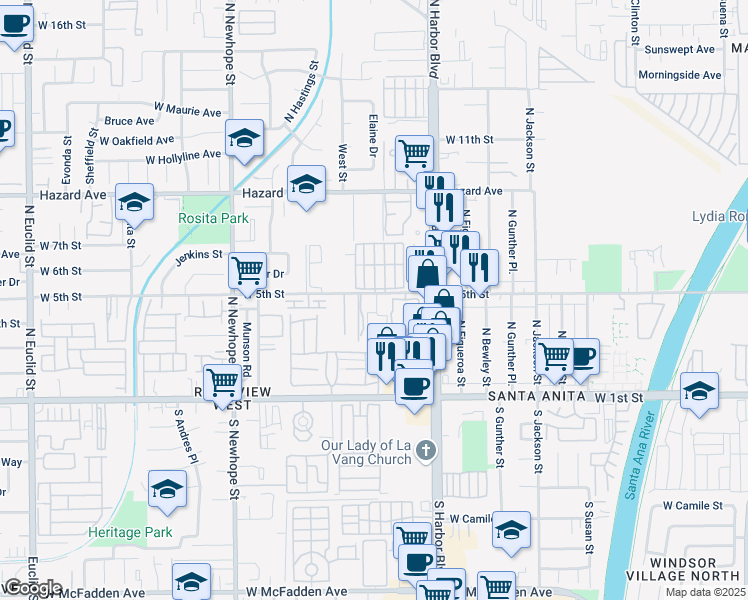 map of restaurants, bars, coffee shops, grocery stores, and more near 3932 West 5th Street in Santa Ana