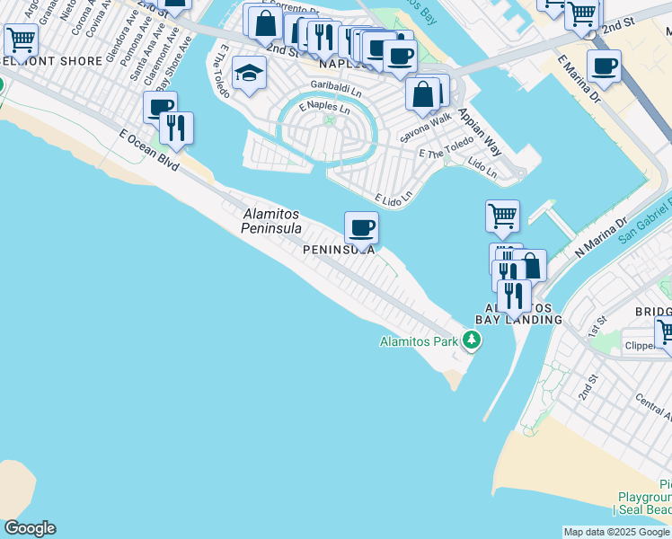 map of restaurants, bars, coffee shops, grocery stores, and more near 6106 East Ocean Boulevard in Long Beach