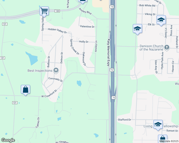 map of restaurants, bars, coffee shops, grocery stores, and more near 3505 West Crawford Street in Denison