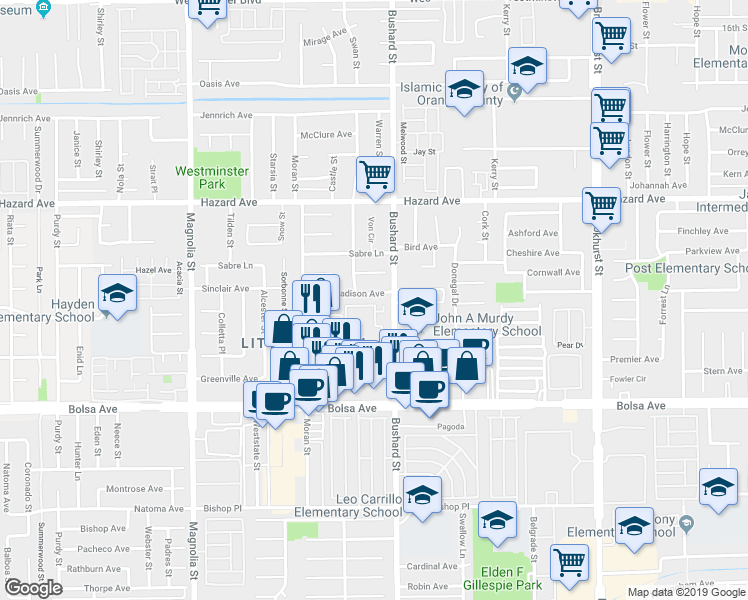 map of restaurants, bars, coffee shops, grocery stores, and more near 9460 Madison Avenue in Westminster