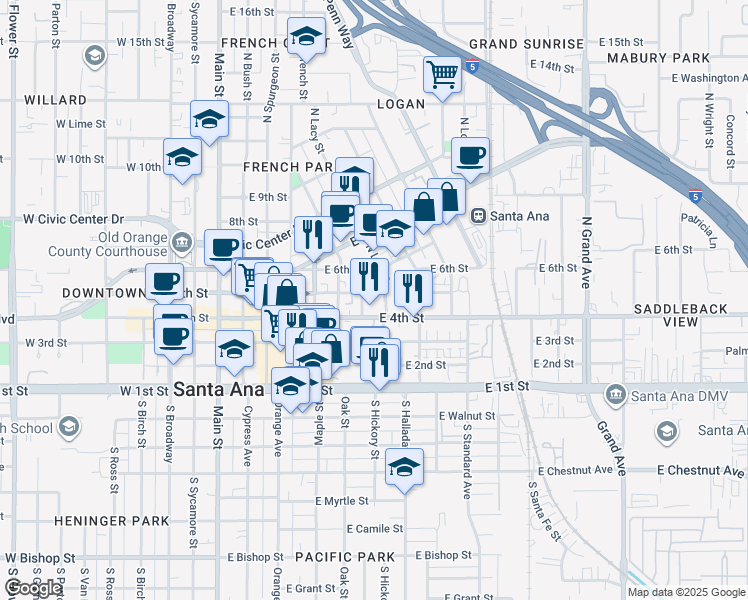 map of restaurants, bars, coffee shops, grocery stores, and more near 712 E 5th St in Santa Ana