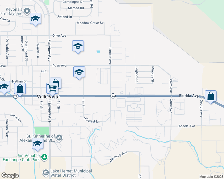 map of restaurants, bars, coffee shops, grocery stores, and more near 44525 Stewart Way in Hemet