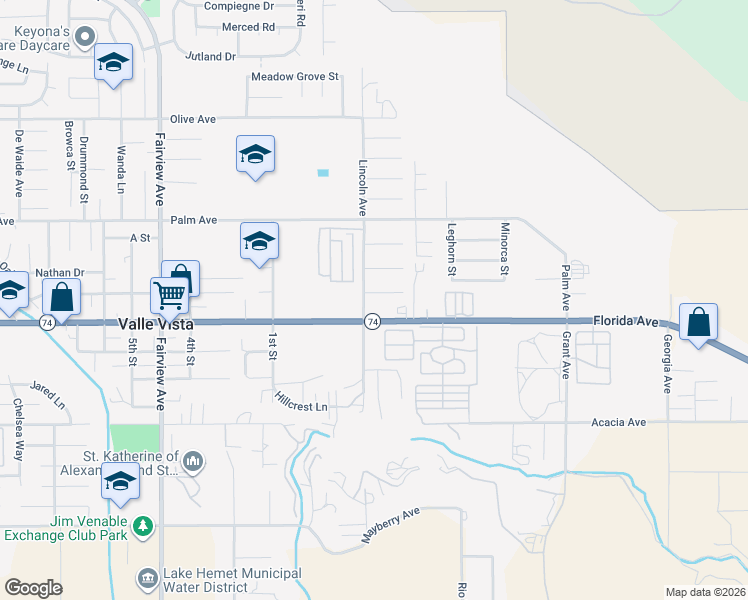 map of restaurants, bars, coffee shops, grocery stores, and more near 44551 Stewart Way in Hemet