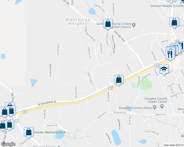 map of restaurants, bars, coffee shops, grocery stores, and more near 8553 Braylen Manor Drive in Douglasville
