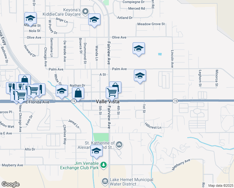map of restaurants, bars, coffee shops, grocery stores, and more near 44089 C Street in Hemet