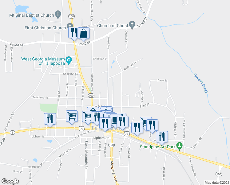 map of restaurants, bars, coffee shops, grocery stores, and more near 261 Alewine Avenue in Tallapoosa