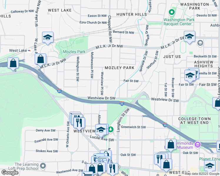 map of restaurants, bars, coffee shops, grocery stores, and more near 230 Westview Place Southwest in Atlanta
