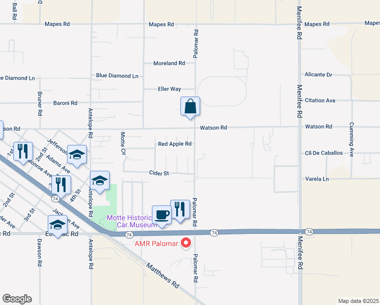 map of restaurants, bars, coffee shops, grocery stores, and more near 25584 Gala Circle in Menifee