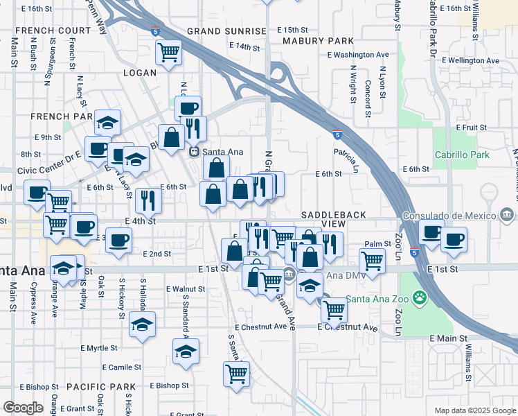 map of restaurants, bars, coffee shops, grocery stores, and more near 404 North Grand Avenue in Santa Ana