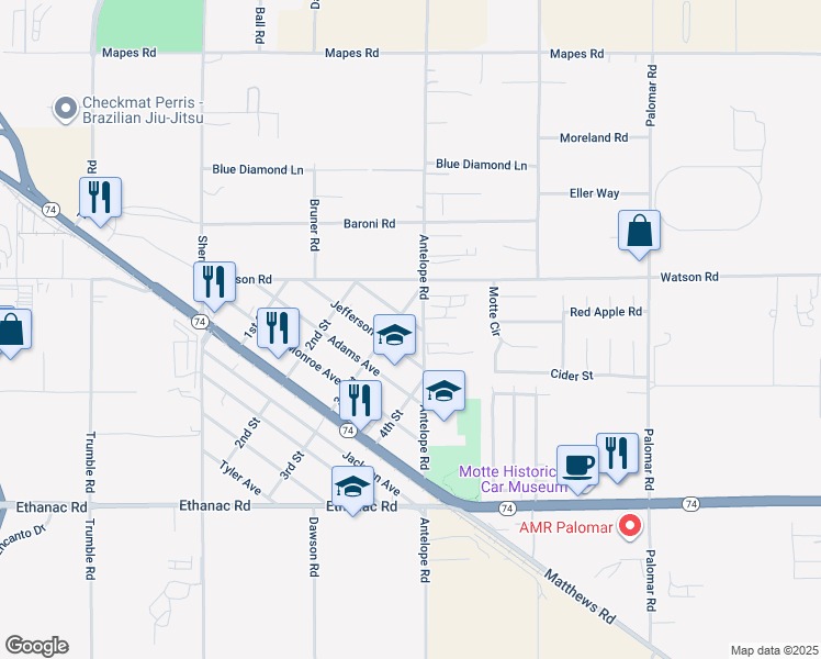 map of restaurants, bars, coffee shops, grocery stores, and more near 27975 Washington Avenue in Menifee
