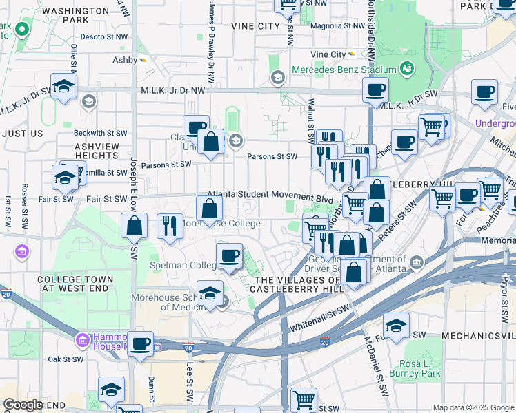 map of restaurants, bars, coffee shops, grocery stores, and more near 680 Atlanta Student Movement Boulevard in Atlanta
