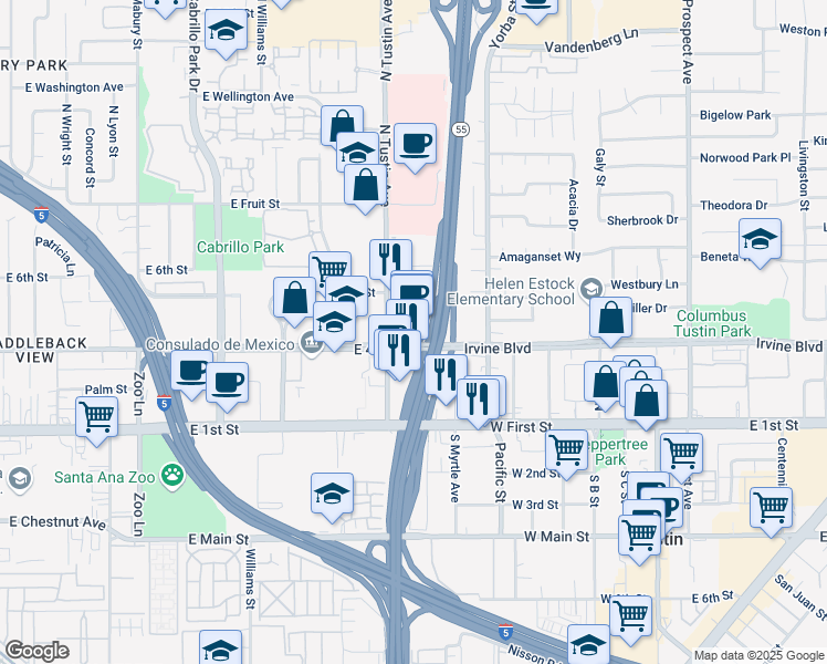 map of restaurants, bars, coffee shops, grocery stores, and more near 2321 East 4th Street in Santa Ana