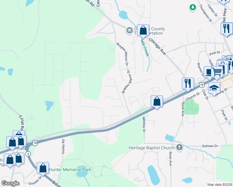 map of restaurants, bars, coffee shops, grocery stores, and more near 7219 Cedar Forest Drive in Douglasville
