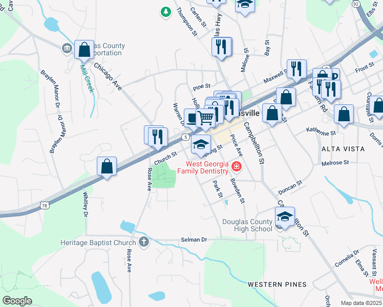 map of restaurants, bars, coffee shops, grocery stores, and more near 6784 Church Street in Douglasville