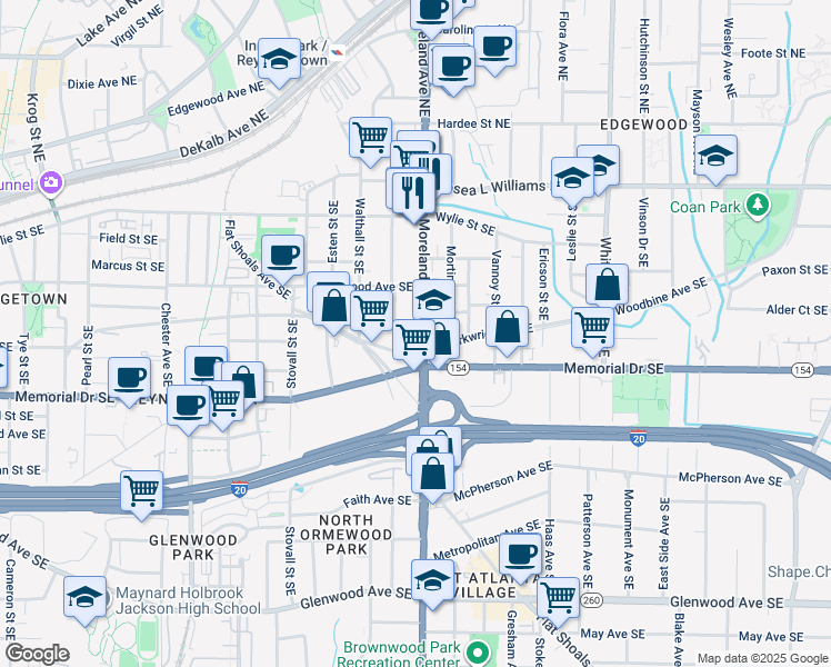map of restaurants, bars, coffee shops, grocery stores, and more near 175 Moreland Avenue Southeast in Atlanta