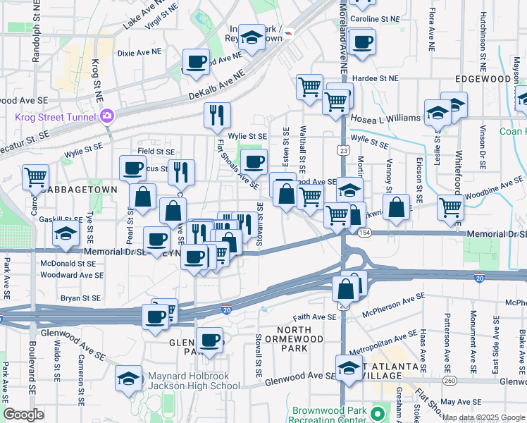 map of restaurants, bars, coffee shops, grocery stores, and more near 192 Stovall Street Southeast in Atlanta
