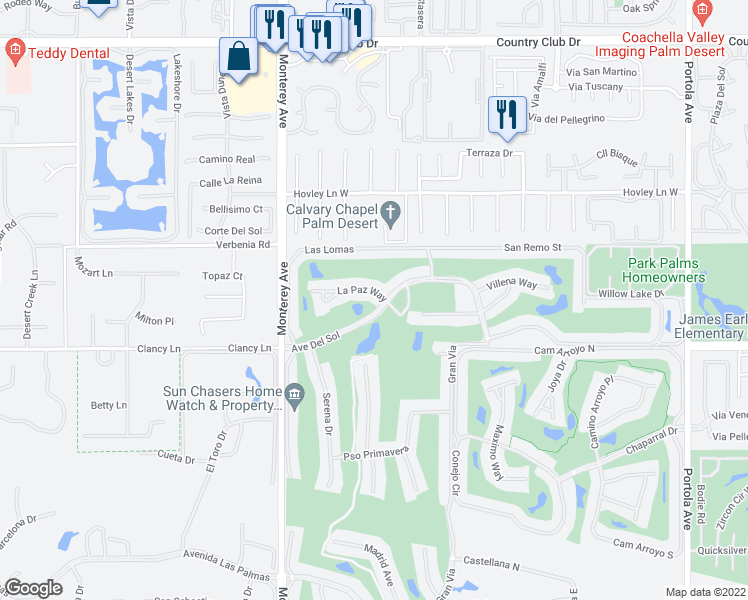 map of restaurants, bars, coffee shops, grocery stores, and more near 249 La Paz Way in Palm Desert